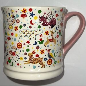 Cath Kidston Stoneware Mug with Pink Handle Animal Floral Print Cream Pink NWT